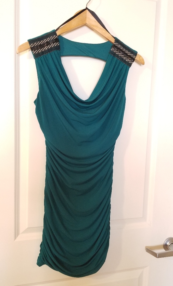 Green beaded shoulder slinky mini dress
